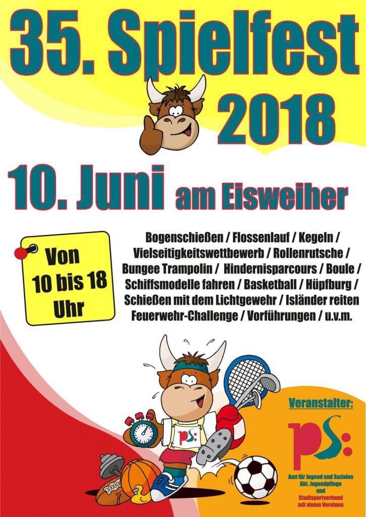 Buntes Plakat für das 35. Spielfest im Eisweiherpark mit verschiedenen Aktivitäten und Veranstaltungen.
