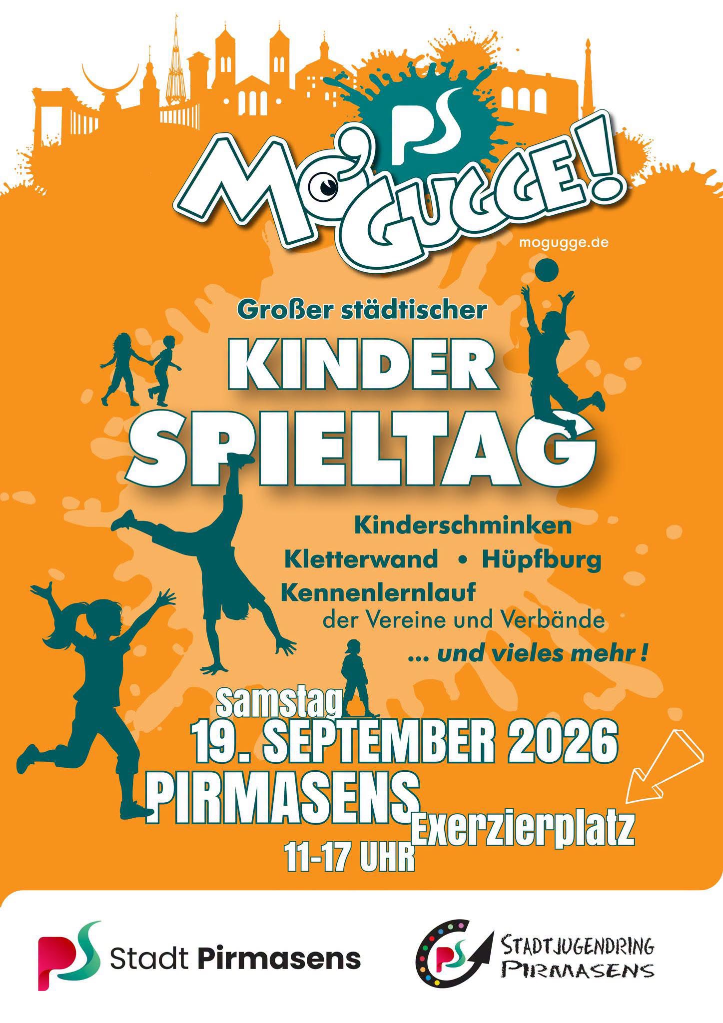 Plakat für den Kinderspieltag 2026 in Pirmasens mit spielenden Kindern, Informationen zu Aktionen und dem Veranstaltungsort auf orangefarbenem Grund.