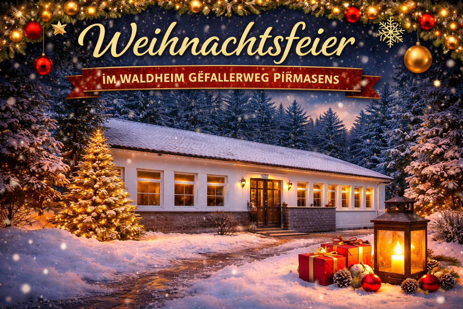 Weihnachtsfeier im Waldheim am Gefällerweg in Pirmasens, festlich dekoriert mit Tannenbaum und Geschenken.