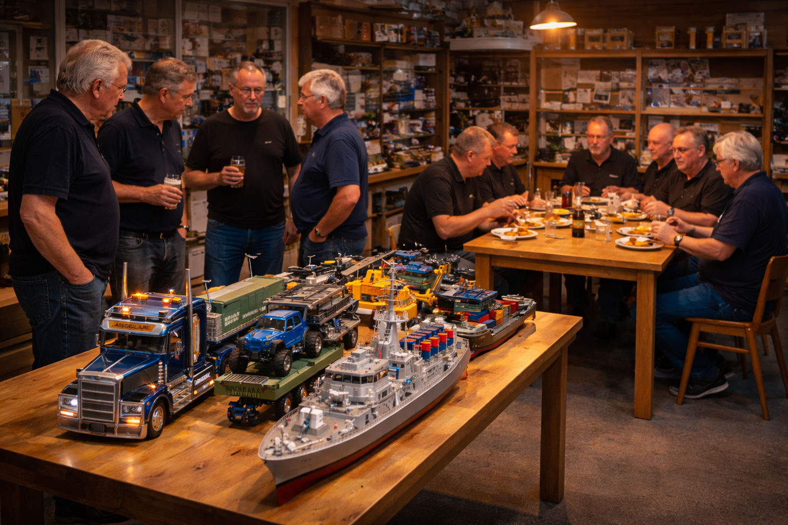 Gemütlicher Tag des Modellbaus im Clubraum mit Modellschiffen und Werkzeugen, während Mitglieder zusammen essen und plaudern.